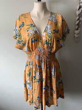 Bebop Boho Floral Smocked Mini Dress Mustard Yellow Flutter Sleeve Size XL